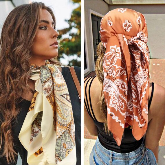 DRESHOW 90x90cm Große Quadratische Schals für Damen 4 Stück Seide Kopftuch Bandanas Haartuch Halstuch Haarschmuck