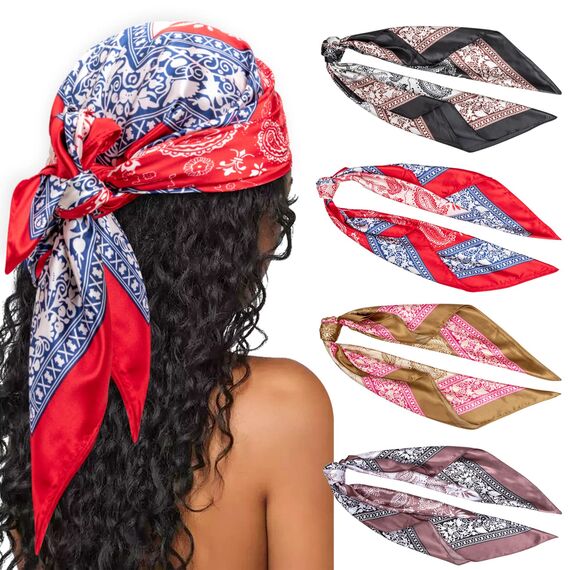 DRESHOW 90x90cm Große Quadratische Schals für Damen 4 Stück Seide Kopftuch Bandanas Haartuch Halstuch Haarschmuck
