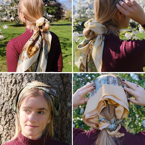 DRESHOW 90x90cm Große Quadratische Schals für Damen 4 Stück Seide Kopftuch Bandanas Haartuch Halstuch Haarschmuck