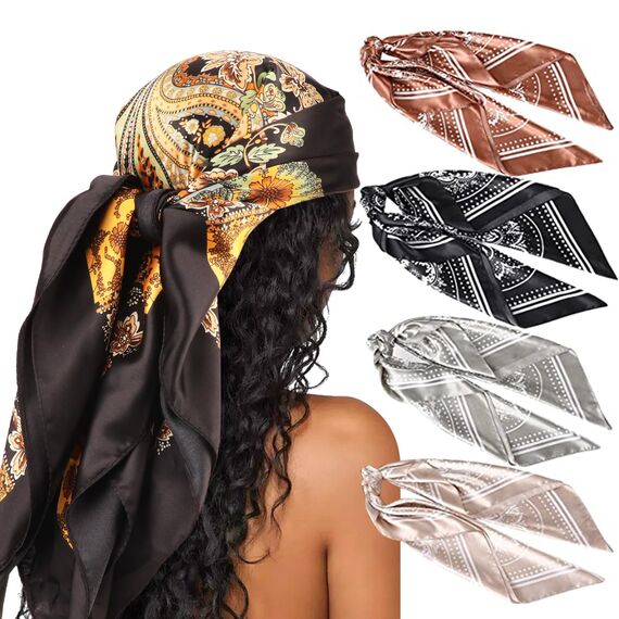 DRESHOW 90x90cm Große Quadratische Schals für Damen 4 Stück Seide Kopftuch Bandanas Haartuch Halstuch Haarschmuck