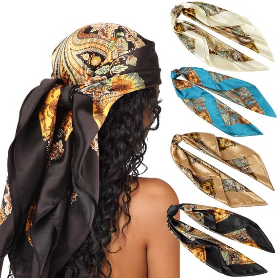 DRESHOW 90x90cm Große Quadratische Schals für Damen 4 Stück Seide Kopftuch Bandanas Haartuch Halstuch Haarschmuck