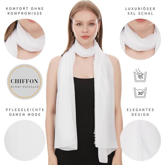 Shawl Factory Chiffon Schal Damen Weiß - Seidenweich und Federleicht - Eleganter Halstuch Schal - Polyester Tuch Halstuch Damen Frühling Sommer - Pflegeleichtes Schaltuch - Damenschal Leicht (Weiß)