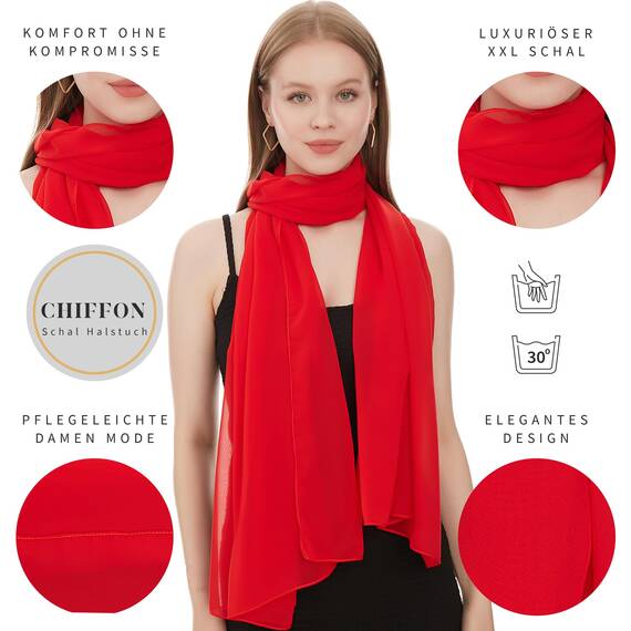 Shawl Factory Chiffon Schal Damen Rot - Seidenweich und Federleicht - Eleganter Halstuch Schal - Polyester Tuch Halstuch Damen Frühling Sommer - Pflegeleichtes Schaltuch - Damenschal Leicht (Rot)