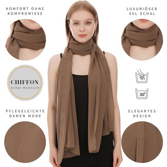 Shawl Factory Chiffon Schal Damen Taupe - Seidenweich und Federleicht - Eleganter Halstuch Schal - Polyester Tuch Halstuch Damen Frühling Sommer - Pflegeleichtes Schaltuch - Damenschal Leicht (Taupe)