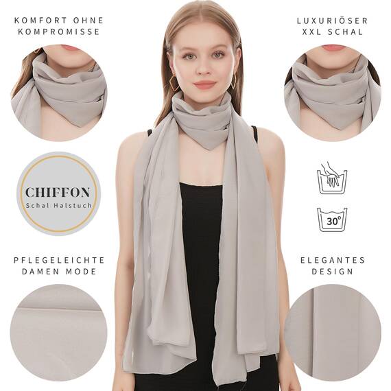 Shawl Factory Chiffon Schal Damen Grau - Seidenweich und Federleicht - Eleganter Halstuch Schal - Polyester Tuch Halstuch Damen Frühling Sommer - Pflegeleichtes Schaltuch - Damenschal Leicht (Grau)