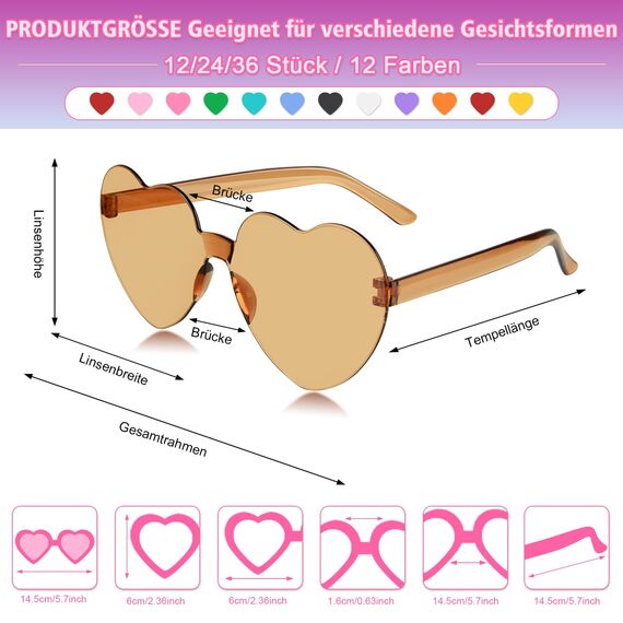 NACHLYNN 48 Brillen Herz-Sonnenbrillen für Damen 12 Farben Randlose Herzförmige Sonnenbrille Transparente Bonbonfarbene Herzbrille für Partygeschenke
