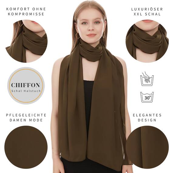 Shawl Factory Chiffon Schal Damen Khaki - Seidenweich und Federleicht - Eleganter Halstuch Schal - Polyester Tuch Halstuch Damen Frühling Sommer - Pflegeleichtes Schaltuch - Damenschal Leicht (Khaki)
