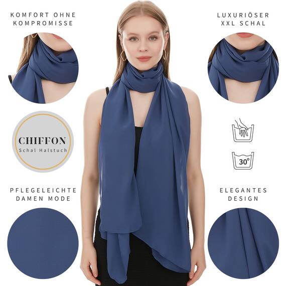 Chiffon Schal Damen Indigo - Seidenweich und Federleicht - Eleganter Halstuch Schal - Polyester Tuch Halstuch Damen Frühling Sommer - Pflegeleichtes Schaltuch - Damenschal Leicht (Indigo)