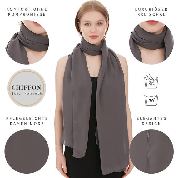 Chiffon Schal Damen Dunkelgrau - Seidenweich und Federleicht - Eleganter Halstuch Schal - Polyester Tuch Halstuch Damen Frühling Sommer - Pflegeleichtes Schaltuch - Damenschal Leicht (Dunkelgrau)