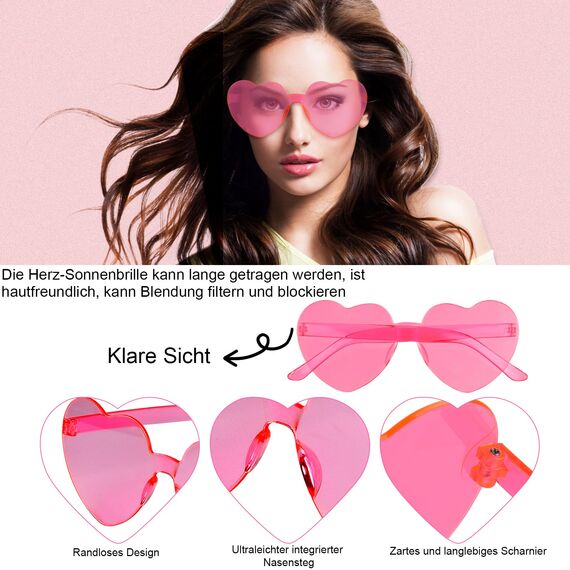 NACHLYNN 48 Brillen Herz-Sonnenbrillen für Damen 12 Farben Randlose Herzförmige Sonnenbrille Transparente Bonbonfarbene Herzbrille für Partygeschenke