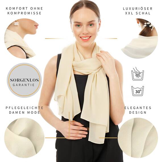 Chiffon Schal Damen Helles Beige - Seidenweich und Federleicht - Eleganter Halstuch Schal - Polyester Tuch Halstuch Frühling Sommer - Pflegeleichtes Schaltuch - Damenschal Leicht (Helles Beige)