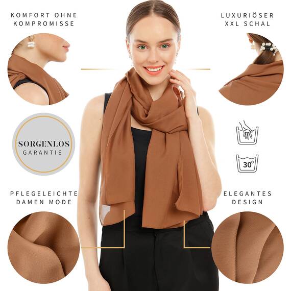 Chiffon Schal Damen Hellbraun - Seidenweich und Federleicht - Eleganter Halstuch Schal - Polyester Tuch Halstuch Damen Frühling Sommer - Pflegeleichtes Schaltuch - Damenschal Leicht (Hellbraun)