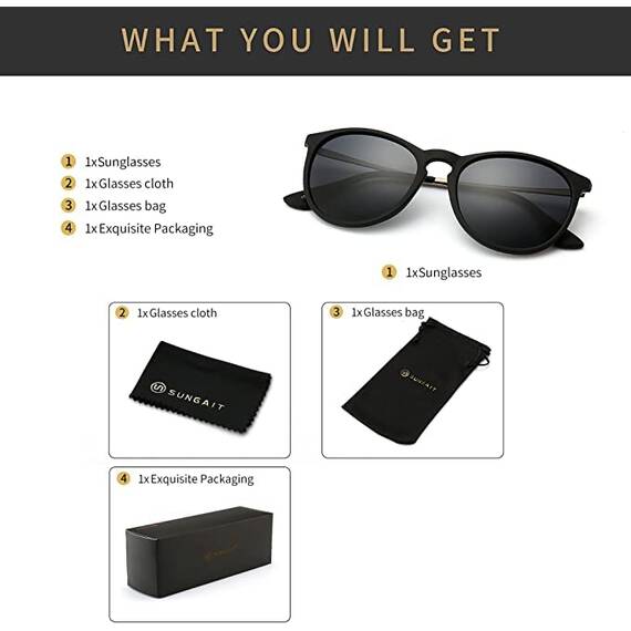 SUNGAIT Vintage Runde Damen Sonnenbrille Klassischer Retro Designer Stil(Schwarzer Rahmen mit mattem Finish/polarisierte graue Linse) SGT567