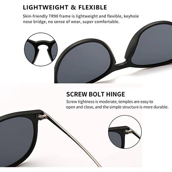SUNGAIT Vintage Runde Damen Sonnenbrille Klassischer Retro Designer Stil(Schwarzer Rahmen mit mattem Finish/polarisierte graue Linse) SGT567