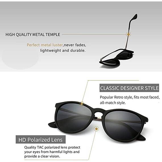 SUNGAIT Vintage Runde Damen Sonnenbrille Klassischer Retro Designer Stil(Schwarzer Rahmen mit mattem Finish/polarisierte graue Linse) SGT567
