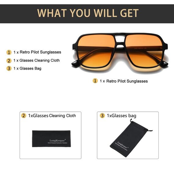 Long Keeper Retro Pilot Sonnenbrille Pilotenbrille Herren Damen Quadratisch Sonnenbrille Groß 70er Klassisch Eckige Pilot Retro Brille UV400 (Schwarz Rahmen - Orange Linse)