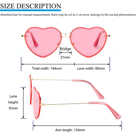 PARTY GO Herz Sonnenbrille Frauen Mode Rimless Sonnenbrille UV400 Party Brille, Rosa