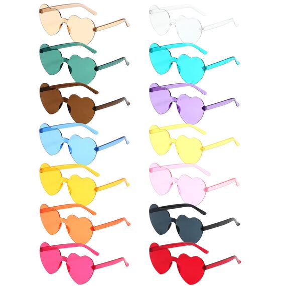 14 Paar Randlose Sonnenbrillen in Herzform, rahmenlose Herz-Sonnenbrillen, transparente, bonbonfarbene Gläser, getönte Brillen, Junggesellenabschiedsgeschenke, 14 Farben