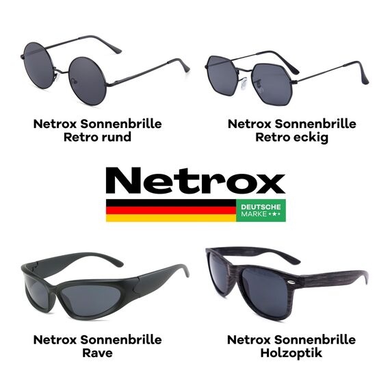 Netrox Runde Sonnenbrille im Retro-Stil mit Metallrahmen + Etui und Microfaserbeutel - UV400-Schutz - Vintage Unisex Herren und Damen - Sonnenbrillen, Gläser verspiegelt, Sunglasses, rund, schwarz