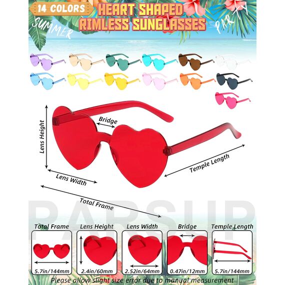 14 Paar Randlose Sonnenbrillen in Herzform, rahmenlose Herz-Sonnenbrillen, transparente, bonbonfarbene Gläser, getönte Brillen, Junggesellenabschiedsgeschenke, 14 Farben