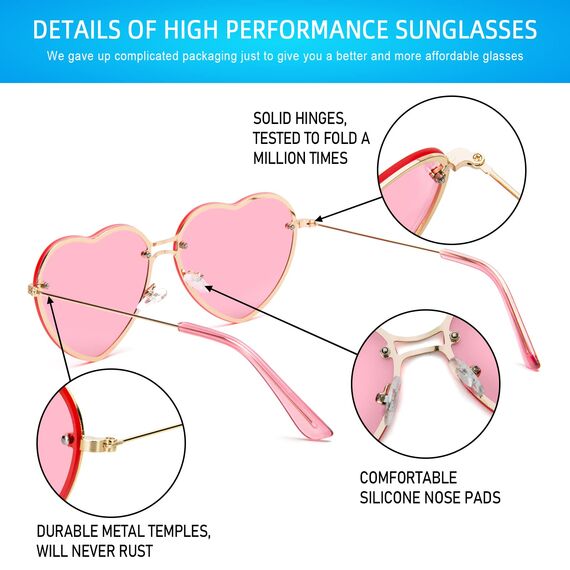 PARTY GO Herz Sonnenbrille Frauen Mode Rimless Sonnenbrille UV400 Party Brille, Rosa