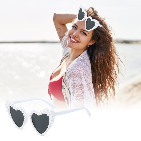 Herz Sonnenbrille Herzbrille Herzform Herzbrillen Brille Heart Glasses Herzsonnenbrille weiß Hochzeit Shaped Sunglasses Bride Perle Vintage Damen Herzförmige Braut Party Sonnenbrillen Accessoires