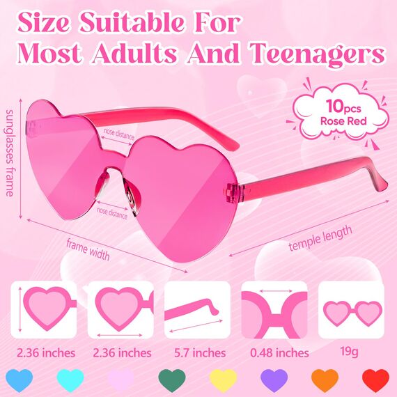 NACHLYNN 10 Paar Herz Sonnenbrille Rosenrot Farben Randlose Herzförmige Sonnenbrille für Damen Transparente Bonbonfarbene Herzbrille für Valentinstag Partygeschenke