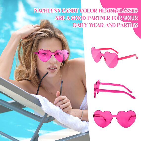 NACHLYNN 10 Paar Herz Sonnenbrille Rosenrot Farben Randlose Herzförmige Sonnenbrille für Damen Transparente Bonbonfarbene Herzbrille für Valentinstag Partygeschenke