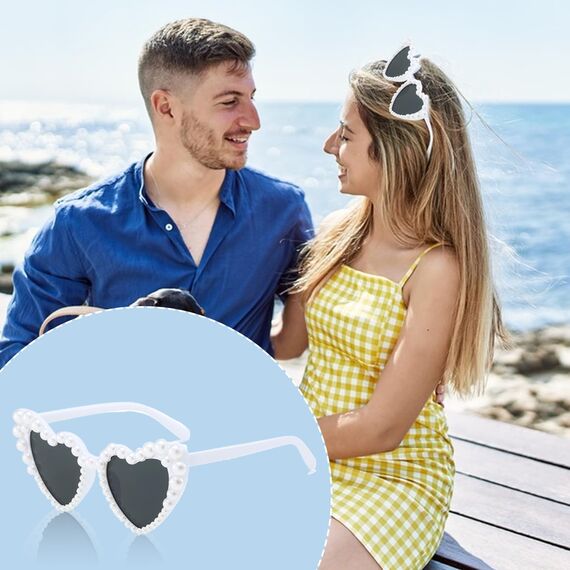 Herz Sonnenbrille Herzbrille Herzform Herzbrillen Brille Heart Glasses Herzsonnenbrille weiß Hochzeit Shaped Sunglasses Bride Perle Vintage Damen Herzförmige Braut Party Sonnenbrillen Accessoires
