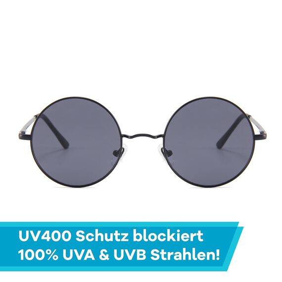 Netrox Runde Sonnenbrille im Retro-Stil mit Metallrahmen + Etui und Microfaserbeutel - UV400-Schutz - Vintage Unisex Herren und Damen - Sonnenbrillen, Gläser verspiegelt, Sunglasses, rund, schwarz