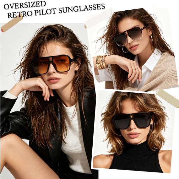 Long Keeper Retro Pilot Sonnenbrille Pilotenbrille Herren Damen Quadratisch Sonnenbrille Groß 70er Klassisch Eckige Pilot Retro Brille UV400 (Schwarz Rahmen - Orange Linse)