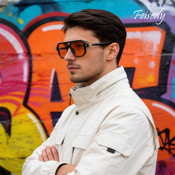 FEISEDY Retro 70er Jahre Sonnenbrille Damen Herren Vintage Flache Quadratische Brille mit UV400-Schutz B2622