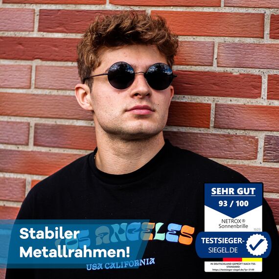 Netrox Runde Sonnenbrille im Retro-Stil mit Metallrahmen + Etui und Microfaserbeutel - UV400-Schutz - Vintage Unisex Herren und Damen - Sonnenbrillen, Gläser verspiegelt, Sunglasses, rund, schwarz