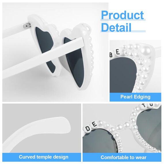 Ainiv Herz Sonnenbrille Perle, Sonnenbrille Herzform mit Perlenverzierung, UV400 Sonnenschutz und UV-Schutz Modische Retro Herz Brille für Braut Hochzeit Party, Geburtstagsfeier, Fasching, Karneval