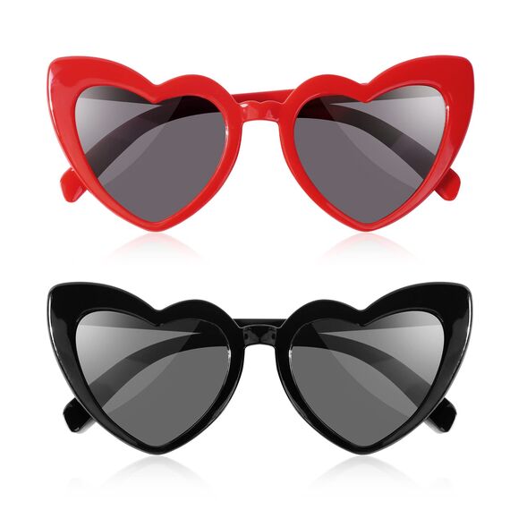 Ainiv Herz Sonnenbrille, 2 Stück Retro Katzenauge Herzbrille, UV400 Sonnenschutz und UV-Schutz Schwarze Graue Linse, Mode Brillen für Damen Herren Kinder Party Reise Fotoshooting (Schwarz+Rot)