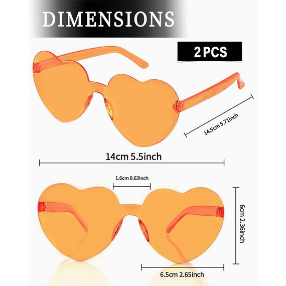 QLEUIFT 2 pcs Herzform Sonnenbrille Multicolor Randlose Herzförmige Brille Mode Herz Übergroße Mode Sonnenbrille Eyewear für Frauen, Orange