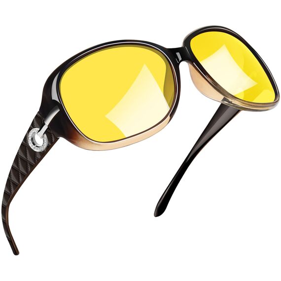 Joopin Gelbe Nachtsichtbrillen zum Autofahrer Damen und Nachtfahrbrille Nachtbrille UV400 Nachtsicht Sonnenbrille mit XL Oversized Rahmen(Braun/Gelb)