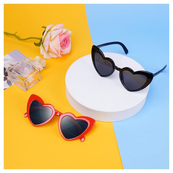 Ainiv Herz Sonnenbrille, 2 Stück Retro Katzenauge Herzbrille, UV400 Sonnenschutz und UV-Schutz Schwarze Graue Linse, Mode Brillen für Damen Herren Kinder Party Reise Fotoshooting (Schwarz+Rot)