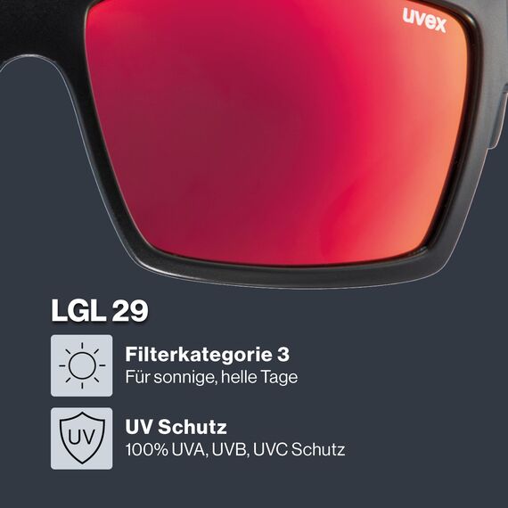 Uvex LGL 29 - Sonnenbrille für Damen und Herren - starker Schutz vor Sonnenstrahlung - inkl Schriftzug auf den Bügeln - black matt/red - one size