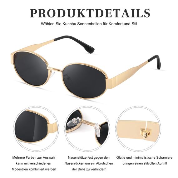 kunchu Sonnenbrille-Damen-Polarisiert-Unisex-Herren-Gold-Metal-Retro-Oval-Trendy-Sonnenbrillen-Vintage-Uv400-Classic-Ultraleicht-Schutz，Geeignet FüR Camping-fotografie-Outdoor-Geschenke für frauen-5