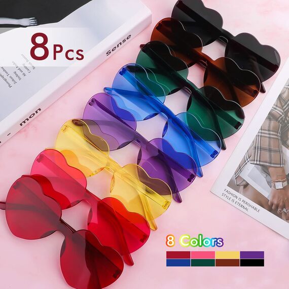 Ailvor Herz Sonnenbrille, 8 Paar Herzbrille, Lustige Partybrille, Randlose Sonnenbrille Herzform Set für Geburtstagsfeier, Hochzeit, Halloween Party Foto Requisiten (Bunt)
