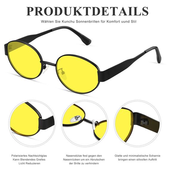 kunchu Sonnenbrille-Damen-Polarisiert-Unisex-Herren-Gold-Metal-Retro-Oval-Trendy-Sonnenbrillen-Vintage-Uv400-Classic-Ultraleicht-Schutz,Geeignet FüR Camping-fotografie-Outdoor-Geschenke für frauen-hei