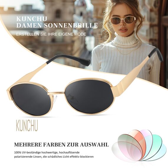 kunchu Sonnenbrille-Damen-Polarisiert-Unisex-Herren-Gold-Metal-Retro-Oval-Trendy-Sonnenbrillen-Vintage-Uv400-Classic-Ultraleicht-Schutz，Geeignet FüR Camping-fotografie-Outdoor-Geschenke für frauen-12