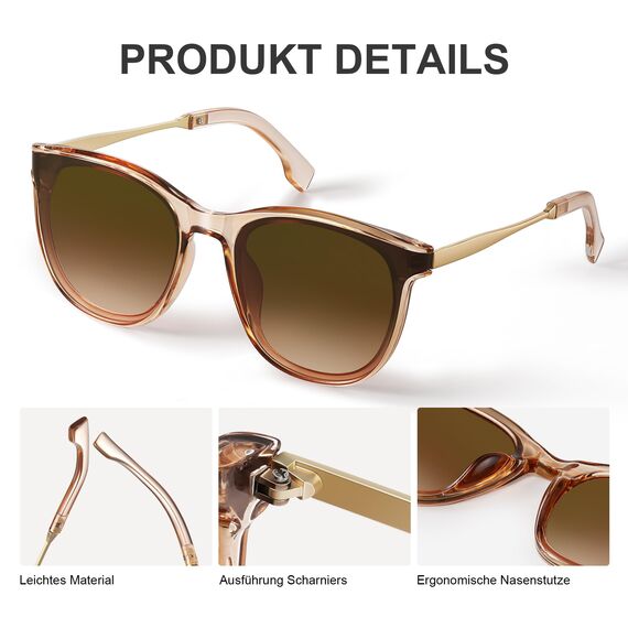 kunchu Sonnenbrille-Damen-Groß-Brillert-Frauen-Retro-Square -Trendy- Klassisch-UV400-Schutz-Ultraleicht-Runde Braunes Pulver