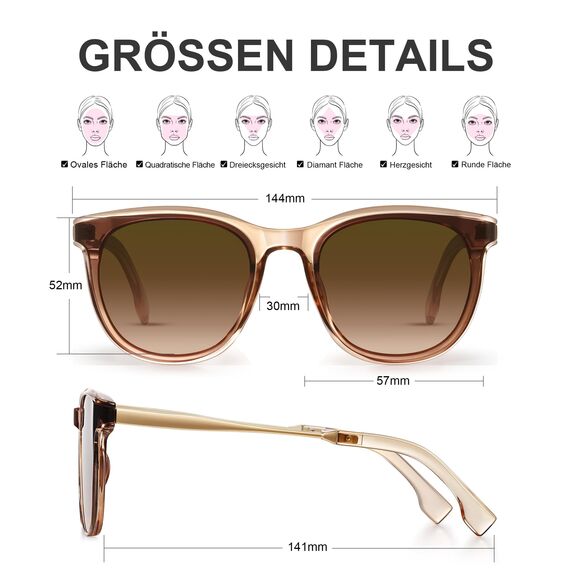 kunchu Sonnenbrille-Damen-Groß-Brillert-Frauen-Retro-Square -Trendy- Klassisch-UV400-Schutz-Ultraleicht-Runde Braunes Pulver