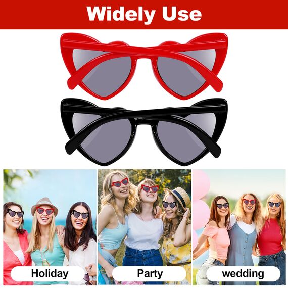 Ainiv Herz Sonnenbrille, 2 Stück Retro Katzenauge Herzbrille, UV400 Sonnenschutz und UV-Schutz Schwarze Graue Linse, Mode Brillen für Damen Herren Kinder Party Reise Fotoshooting (Schwarz+Rot)
