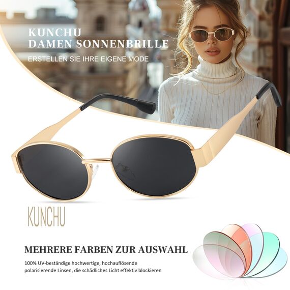 kunchu Sonnenbrille-Damen-Polarisiert-Unisex-Herren-Gold-Metal-Retro-Oval-Trendy-Sonnenbrillen-Vintage-Uv400-Classic-Ultraleicht-Schutz，Geeignet FüR Camping-fotografie-Outdoor-Geschenke für frauen-3