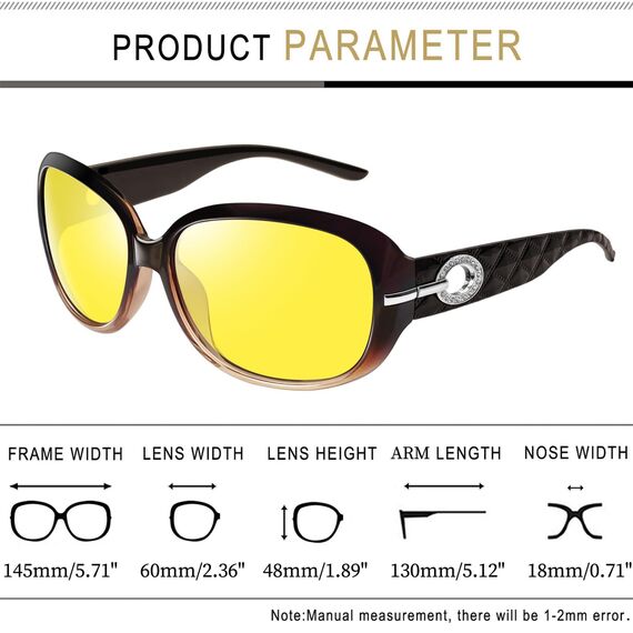 Joopin Gelbe Nachtsichtbrillen zum Autofahrer Damen und Nachtfahrbrille Nachtbrille UV400 Nachtsicht Sonnenbrille mit XL Oversized Rahmen(Braun/Gelb)