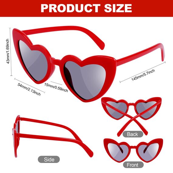 Ainiv Herz Sonnenbrille, 2 Stück Retro Katzenauge Herzbrille, UV400 Sonnenschutz und UV-Schutz Schwarze Graue Linse, Mode Brillen für Damen Herren Kinder Party Reise Fotoshooting (Schwarz+Rot)