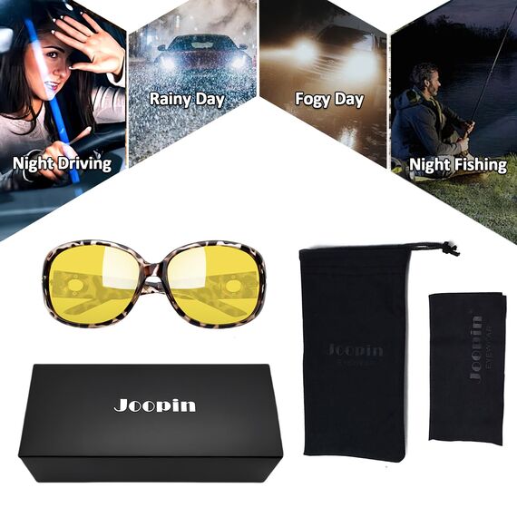 Joopin Retro Nachtbrille zum Autofahren Große Nachtsichtbrillen Damen und Nachtfahrbrille Gelb Sonnenbrille Damen Groß Nachtsicht UV400 XL (Leopard/Gelb)